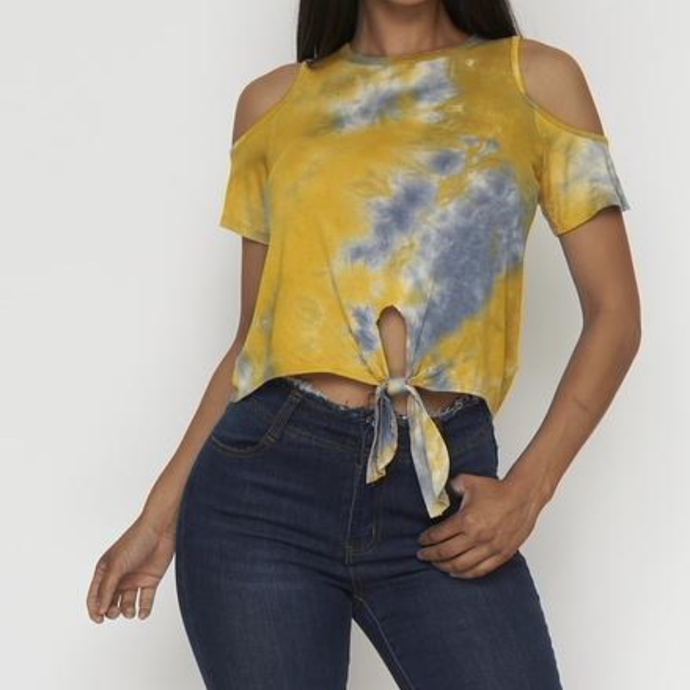 Yellow/Blue Short Sleeve Tie-Dye With Front Tie